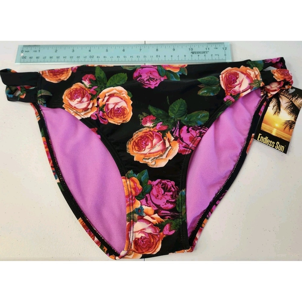 Endless Sun XL Floral Bikini Bottoms NWT Black Pink Rose Print Side Tie Swimwear